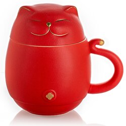 Кружка керамическая Котик с крышкой и керамическим ситом, цвет красный в чайном магазине BestTea, фото 