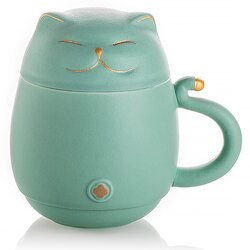 Кружка керамическая Котик с крышкой и керамическим ситом, цвет мятный в чайном магазине BestTea, фото 