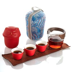 Походный чайный набор Кот, цвет красный, на 3 персоны, Материал: Керамика, Цвет: Красный в чайном магазине BestTea, фото 