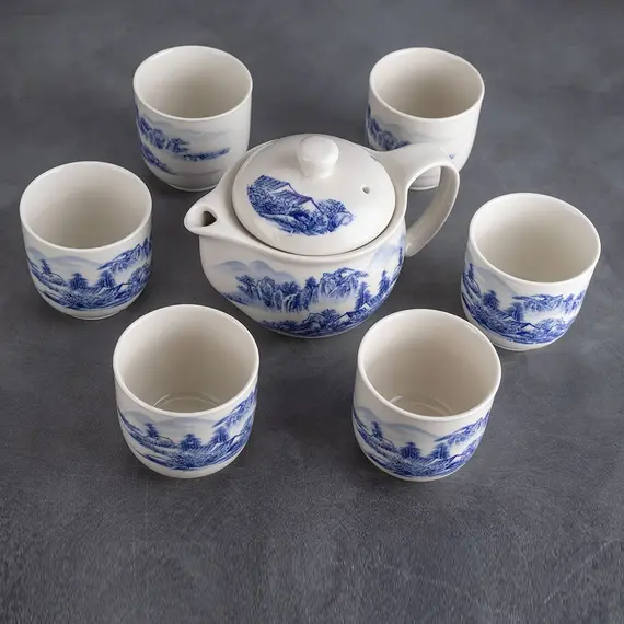 Сервиз чайный 7 предметов Пейзаж: чайник и чашки оптом в BestTea, фото , изображение 2