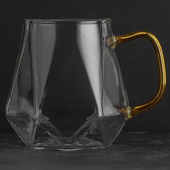Кружка стеклянная фигурная с желтой ручкой, 300 мл оптом в BestTea, фото , изображение 2