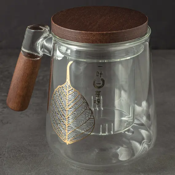 Кружка заварочная колбой-ситом, деревянными крышкой и ручкой, (стекло) 500 мл, Кол-во: 1 оптом в BestTea, фото , изображение 2