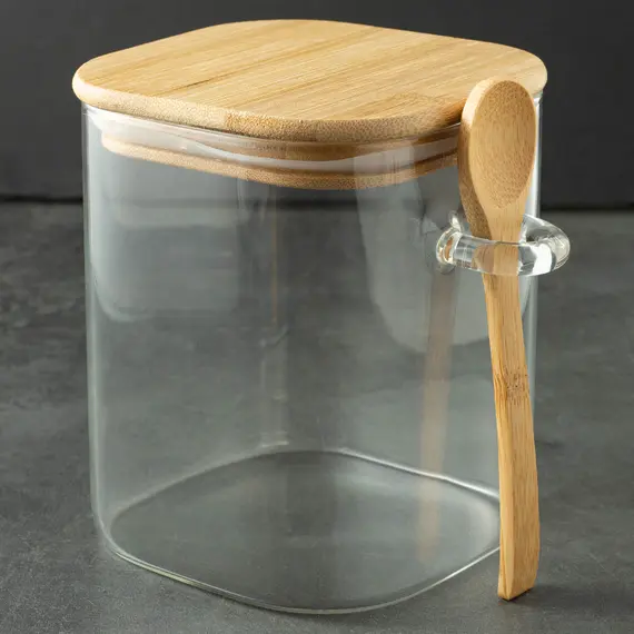 Стеклянная банка с бамбуковой крышкой и бамбуковой ложкой, 850 мл, Кол-во: 1 оптом в BestTea, фото , изображение 2