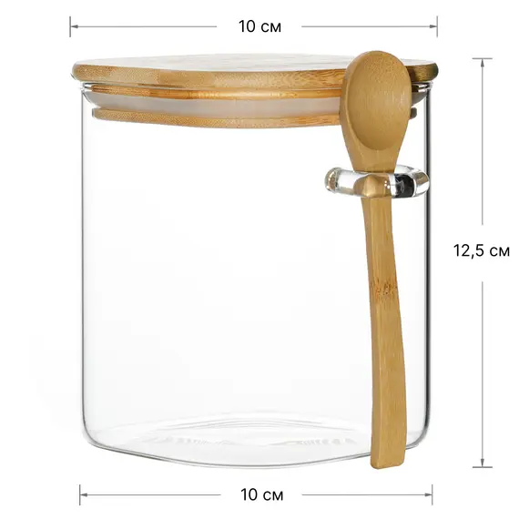 Стеклянная банка с бамбуковой крышкой и бамбуковой ложкой, 850 мл, Кол-во: 1 оптом в BestTea, фото , изображение 5